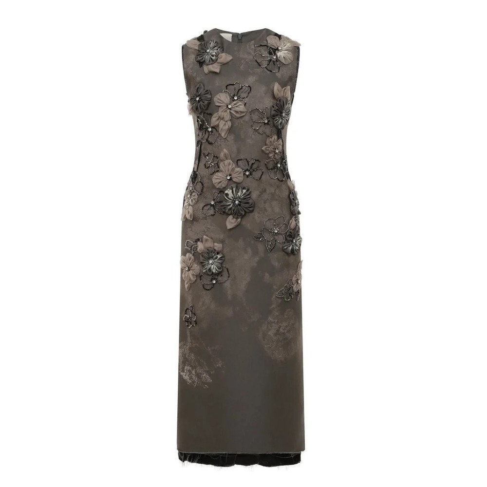 Miu Miu - Graphite Grey Organza Floral Appliqué Beaded Sheath Dress - IT 40